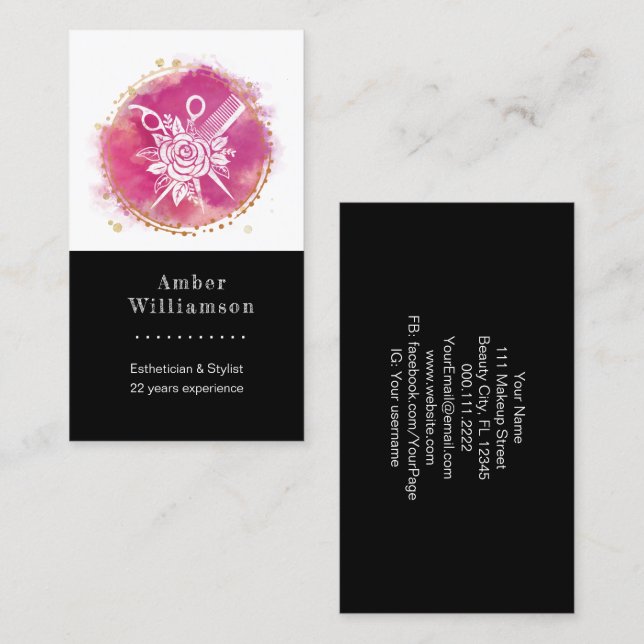 Modern Hairdresser Stylist Scissors Comb Pink Chic Business Card (Front/Back)