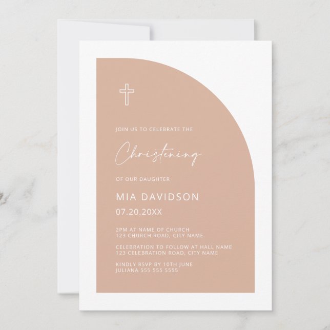 Modern Half Arch Blush Pink Girl Christening Invitation (Front)