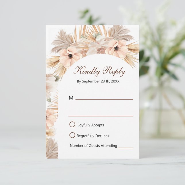 Modern Half Arch Pampas Grass Wedding  RSVP Card (Standing Front)