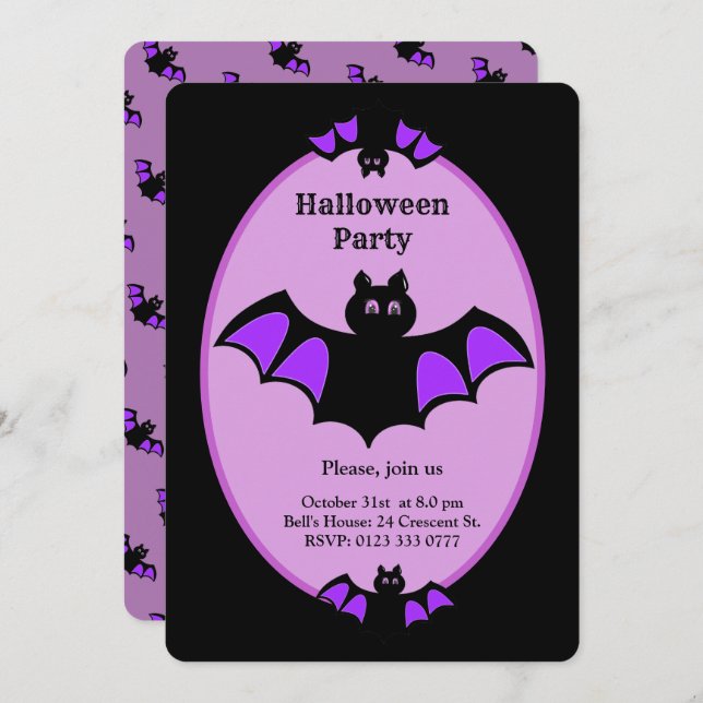 Modern Halloween bat on black and violet Invitation (Front/Back)