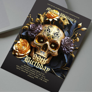Modern Halloween Birthday Party Black Gold Skull Invitation