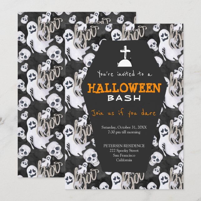 Modern Halloween black and white ghosts party Invitation (Front/Back)
