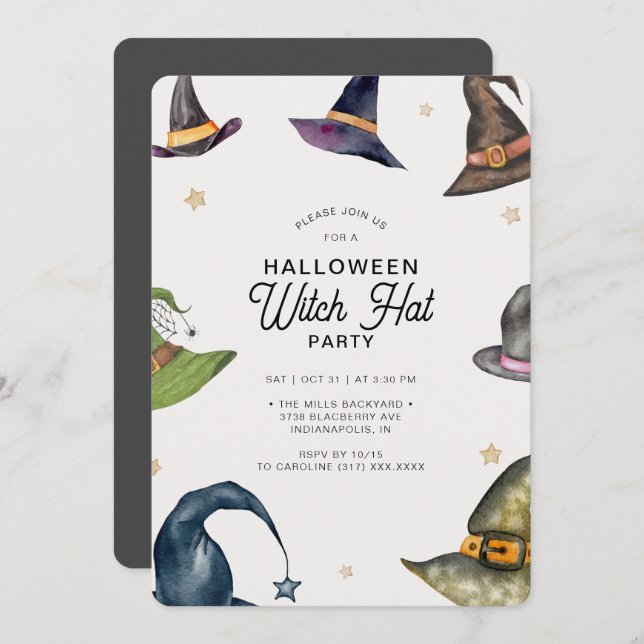 Modern Halloween Grey Witch Hat Party  Invitation (Front/Back)