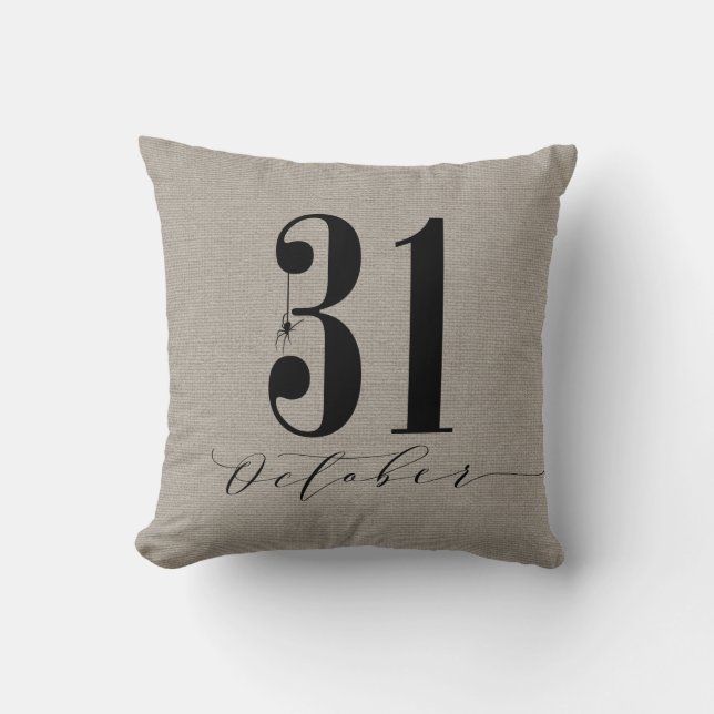 Modern Halloween October 31 Spider Burlap Cushion (Front)