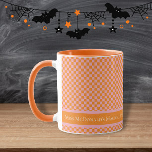 Modern Halloween Orange Pink Chequered Teacher Mug