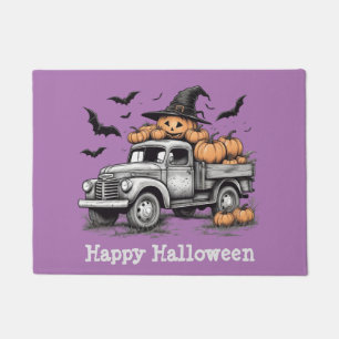 Modern Halloween Orange Pumpkin Truck and Bats     Doormat