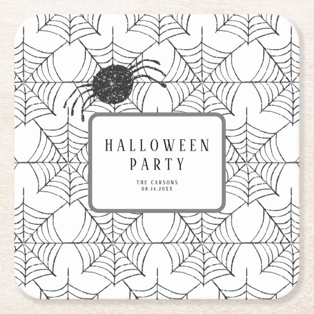Modern Halloween Party Black White Spider Web Square Paper Coaster (Front)