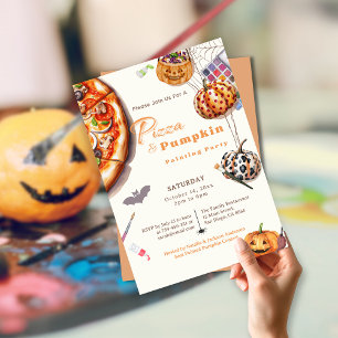 Modern Halloween Pizza & Pumpkin Painting Party  Invitation