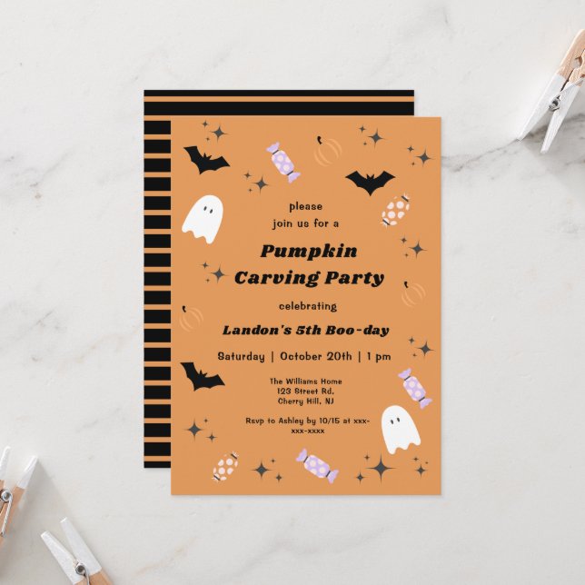 Modern Halloween Pumpkin Carving Party Birthday Invitation (Front/Back In Situ)