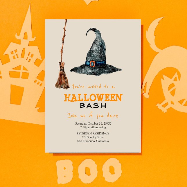 Modern Halloween simple broom and witch hat party Invitation (Creator Uploaded)