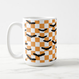 Modern Halloween Spooky Bats Orange Chequerboard Coffee Mug