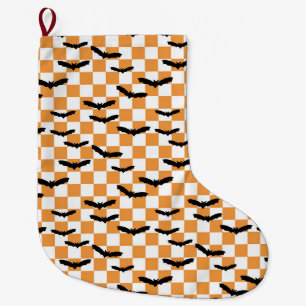 Modern Halloween Spooky Bats Orange Chequerboard Large Christmas Stocking