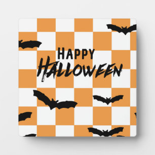 Modern Halloween Spooky Bats Orange Chequerboard Plaque