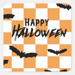 Modern Halloween Spooky Bats Orange Chequerboard Square Sticker
