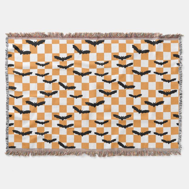 Modern Halloween Spooky Bats Orange Chequerboard Throw Blanket (Front)