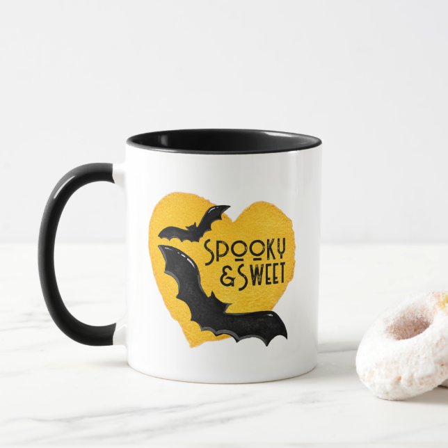 Modern Halloween Spooky & Sweet Flying Bats & Moon Mug (With Donut)