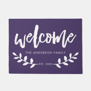 Modern Hand Brushed Font Leaf Personalised Purple Doormat