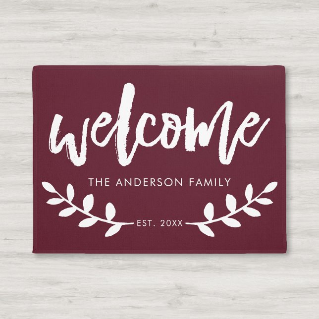 Modern Hand Brushed Leaf Personalised Burgundy Doormat (Creator Uploaded)