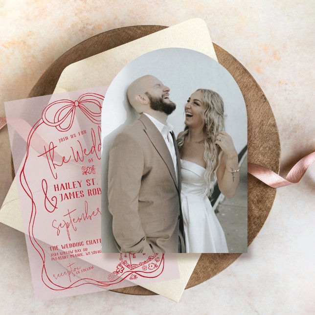 Modern Hand Drawn Arch Photo Underlay Wedding Invitation (Simple wedding invitation arch photo underlay card for modern whimsical pink red bow vellum overlay)
