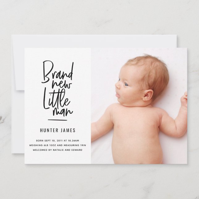 Modern hand drawn baby boy birth announcement (Front)