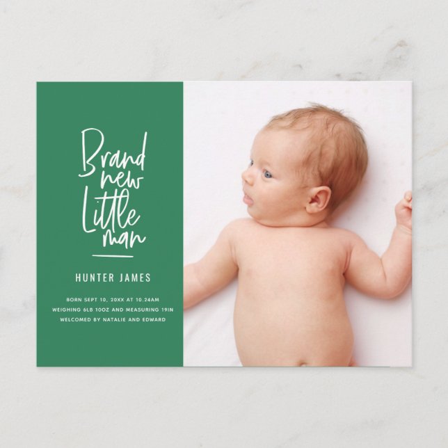 Modern hand drawn baby boy birth announcement (Front)