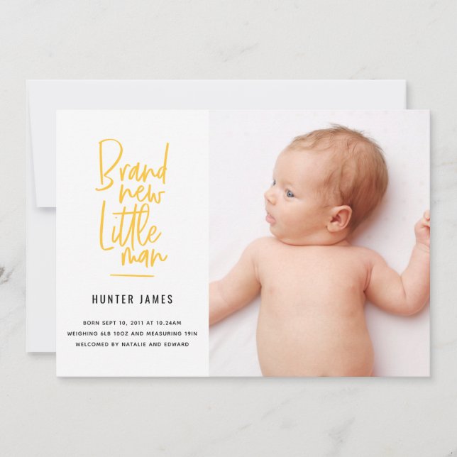 Modern hand drawn baby boy birth announcement (Front)
