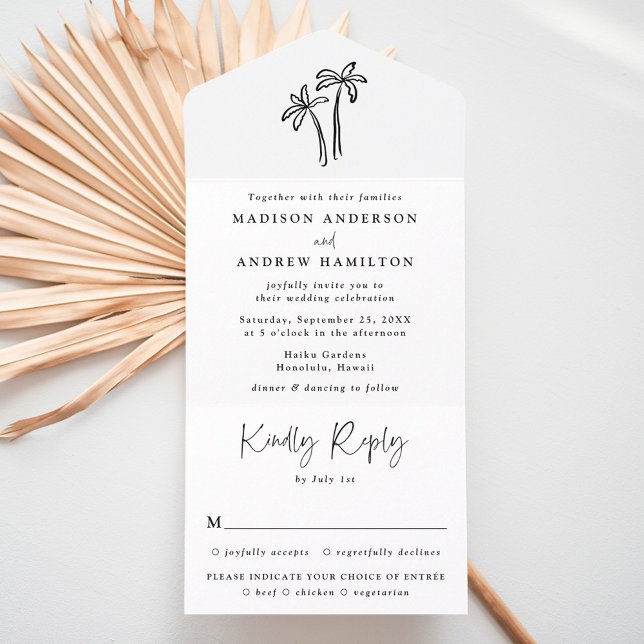 Modern Hand-Drawn Black Palm Trees Wedding All In One Invitation (Creator Uploaded)