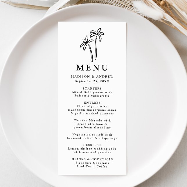 Modern Hand-Drawn Black Palm Trees Wedding Menu (Creator Uploaded)