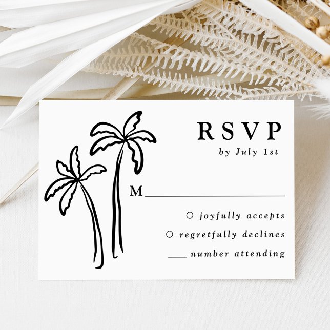 Modern Hand-Drawn Black Palm Trees Wedding RSVP Card (Creator Uploaded)