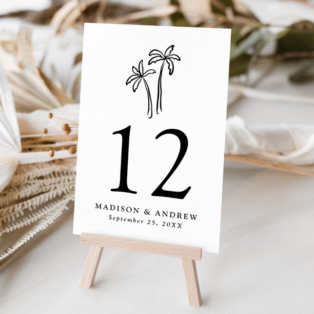 Modern Hand-Drawn Black Palm Trees Wedding Table Number (Creator Uploaded)