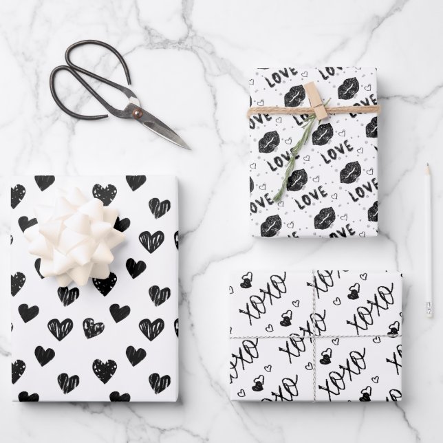 modern hand drawn black & white hearts wrapping paper sheet (Front)