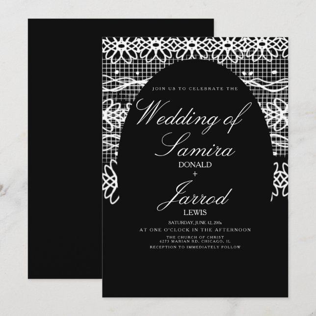 Modern Hand Drawn Black White Lace Wedding Invitation (Front/Back)