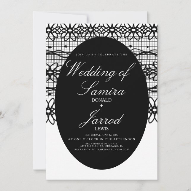 Modern Hand Drawn Black + White Lace Wedding Invitation (Front)