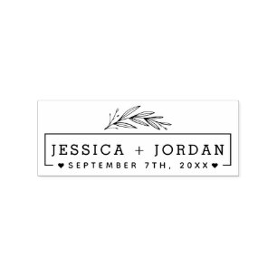 Modern Hand-Drawn Botanical Branch Wedding Date Rubber Stamp