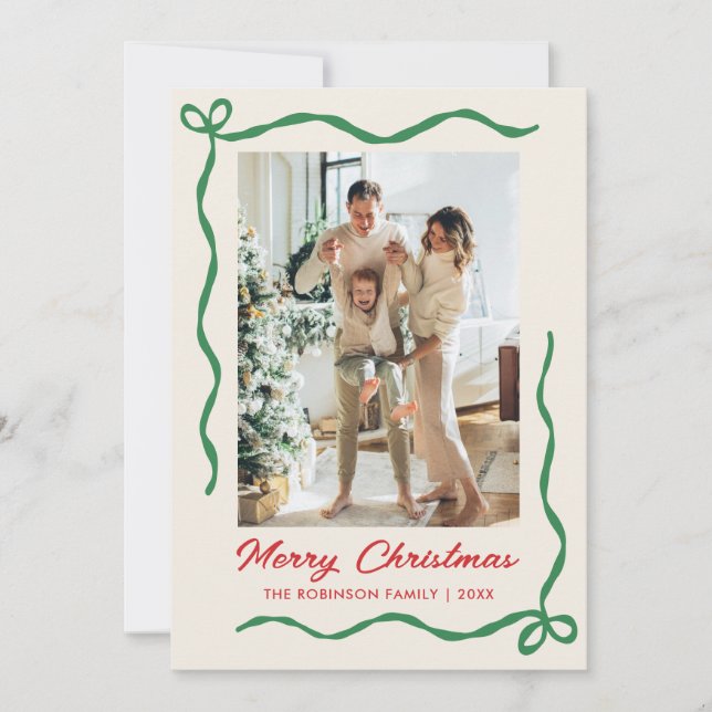 Modern Hand Drawn Bow 2 Photo Merry Christmas Holiday Card (Front)