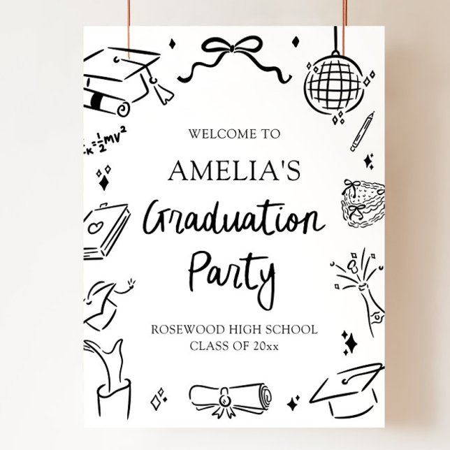 Modern Hand Drawn Bow Graduation Party Welcome Poster (Modern Hand Drawn Graduation Party Welcome Sign)