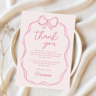 Modern Hand Drawn Bow Pink Girl Birthday Thank You Card