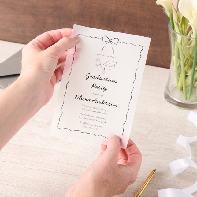 Modern Hand-Drawn Bow & Squiggle Graduation Party Vellum Invitations (Handheld)