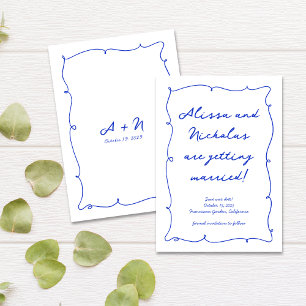 Modern Hand Drawn Bright Blue Monogram Wedding Save The Date