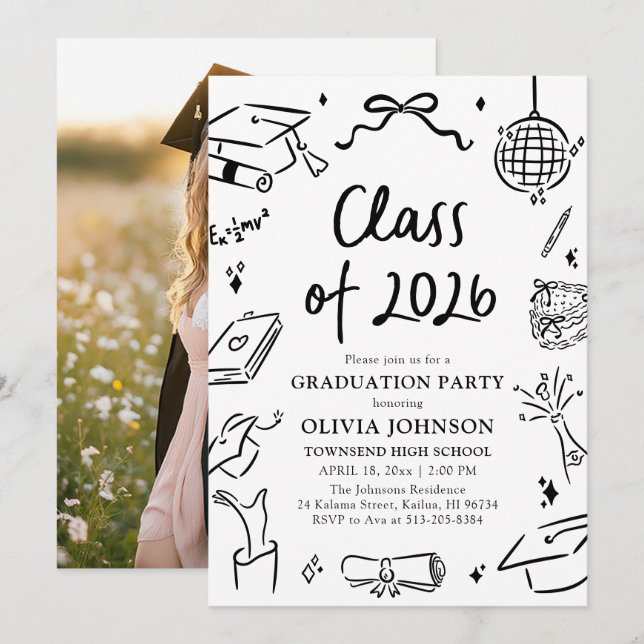 Modern Hand Drawn Class of 2026 Graduation Party Invitation (Front/Back)