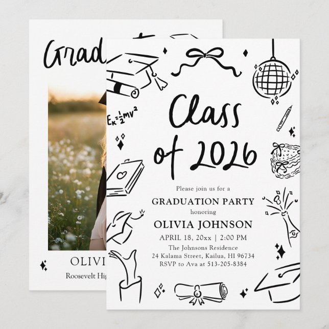 Modern Hand Drawn Class of 2026 Graduation Party Invitation (Front/Back)