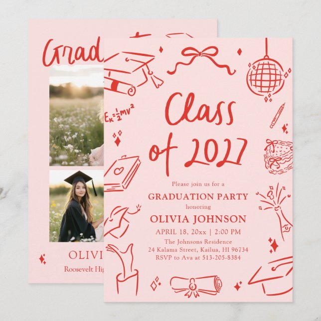 Modern Hand Drawn Class of 2027 Graduation Party Invitation (Front/Back)