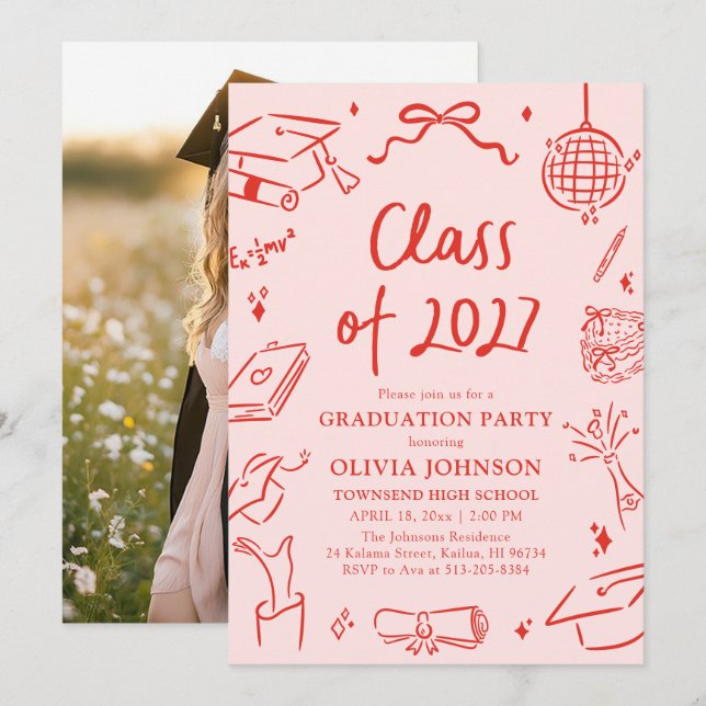 Modern Hand Drawn Class of 2027 Graduation Party Invitation (Front/Back)