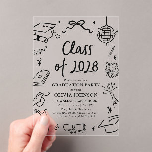 Modern Hand Drawn Class of 2028 Graduation Party Acrylic Invitations