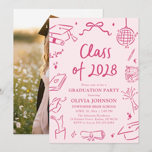 Modern Hand Drawn Class of 2028 Graduation Party Invitation (Front/Back)