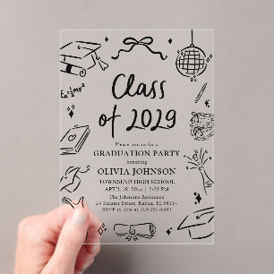 Modern Hand Drawn Class of 2029 Graduation Party Acrylic Invitations
