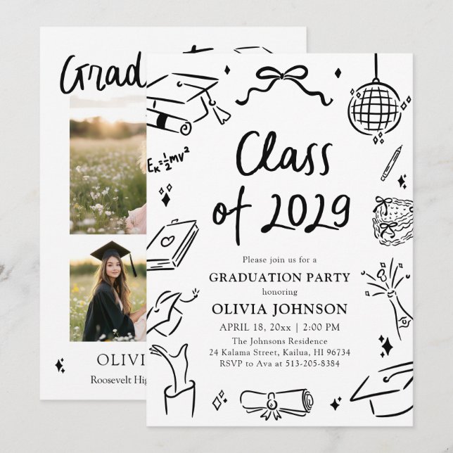 Modern Hand Drawn Class of 2029 Graduation Party Invitation (Front/Back)