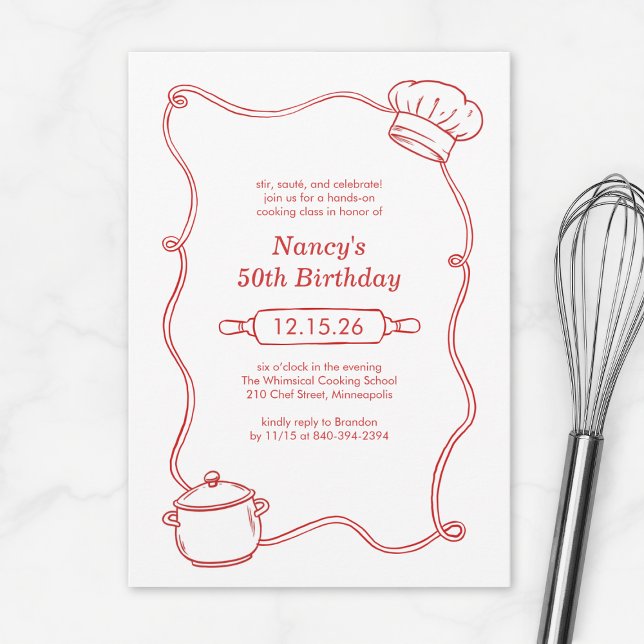 Modern Hand Drawn Cooking Class Red Birthday Invitation (Creator Uploaded)