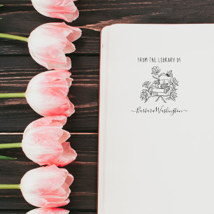 Modern Hand-drawn Custom Library Book Butterfly Self-inking Stamp