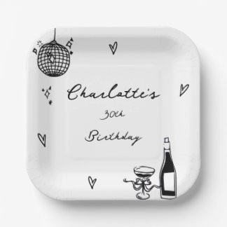 Modern Hand Drawn disco ball 30th Birthday Paper Plate